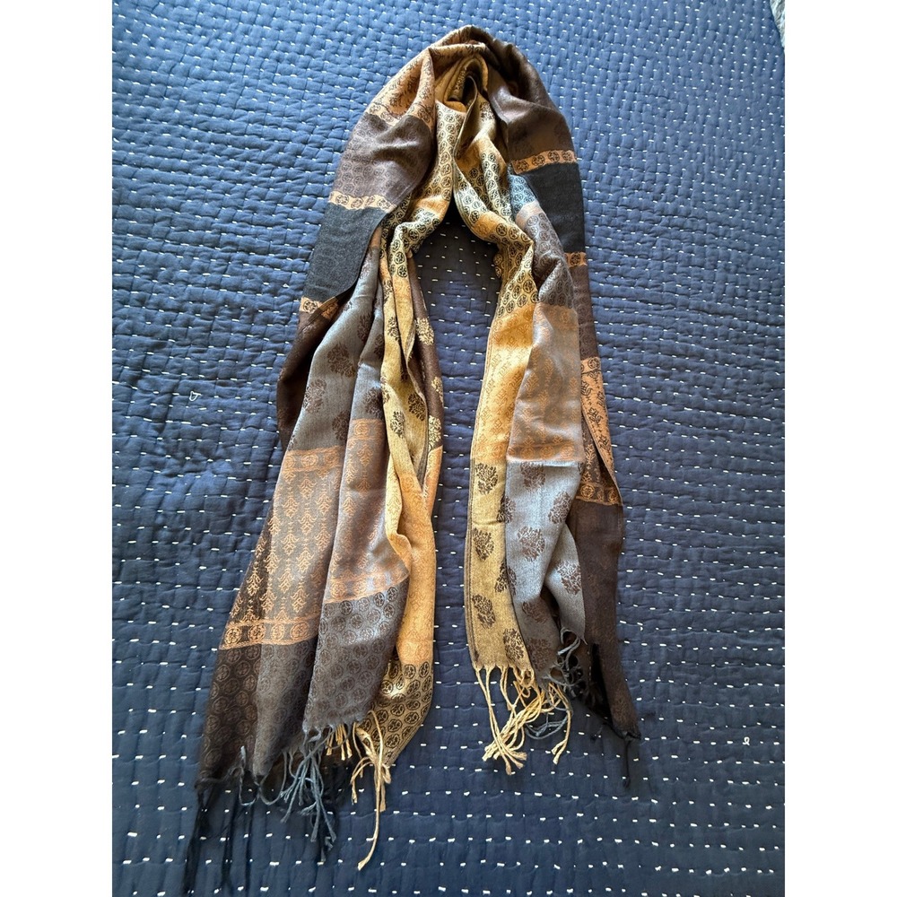 Cashmere Silk Pashmina Scarf Wrap Brown Tan Slate Damask Medallion Fringe Shawl